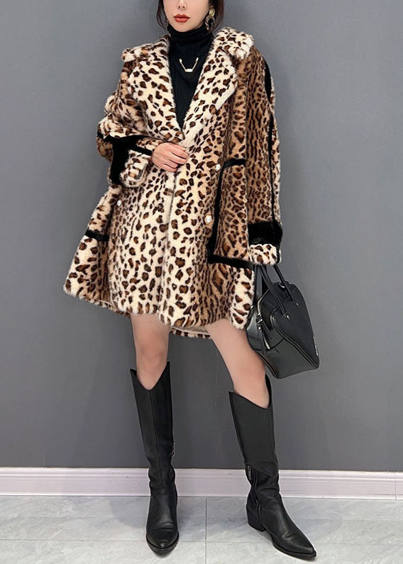 Fashion Light Chocolate Notched Leopard Fuzzy Fur Fluffy Fluffy Loose Coat Hiver