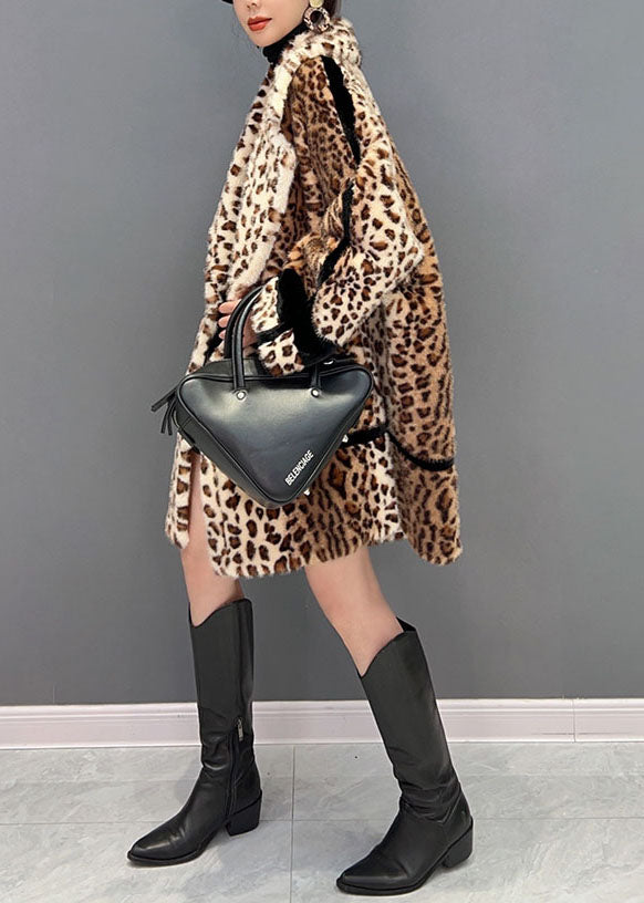 Fashion Light Chocolate Notched Leopard Fuzzy Fur Fluffy Fluffy Loose Coat Hiver