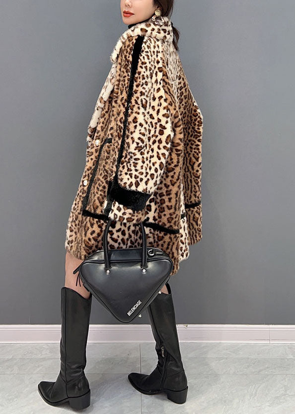 Fashion Light Chocolate Notched Leopard Fuzzy Fur Fluffy Fluffy Loose Coat Hiver