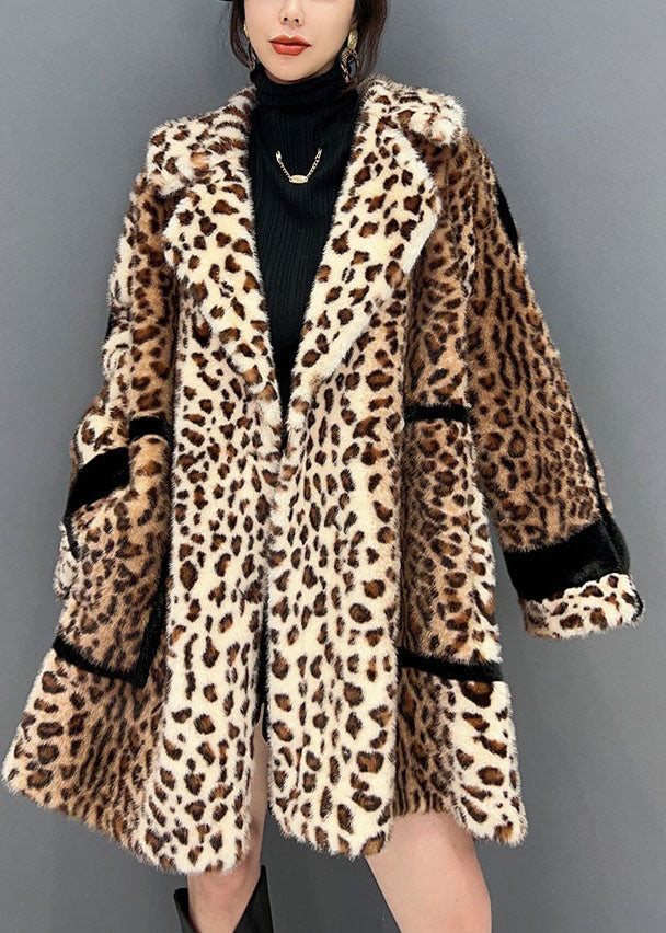 Fashion Light Chocolate Notched Leopard Fuzzy Fur Fluffy Fluffy Loose Coat Hiver