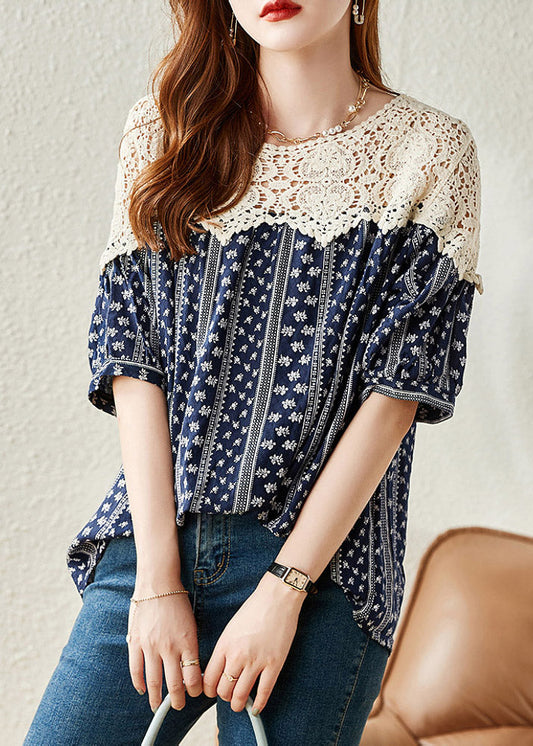 Fashion Navy O-Leck Print Lace Patchwork Shirt Summer