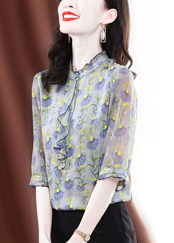 Fashion O-Neck Shuffled Print Silk Shirts Half Mancheve