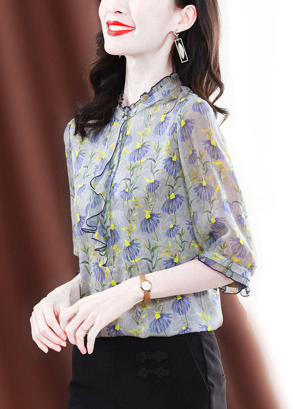 Fashion O-Neck Shuffled Print Silk Shirts Half Mancheve