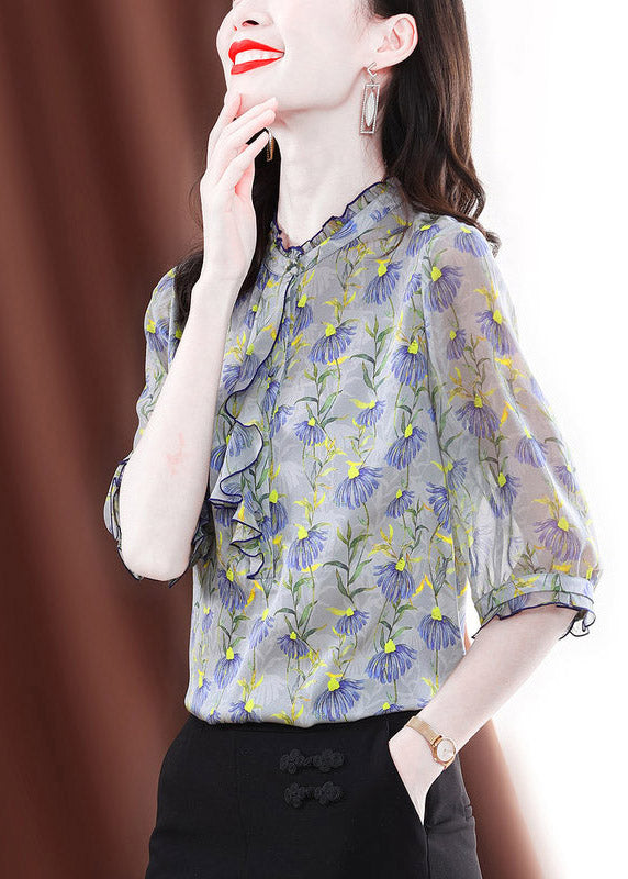 Fashion O-Neck Shuffled Print Silk Shirts Half Mancheve