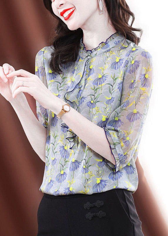 Fashion O-Neck Shuffled Print Silk Shirts Half Mancheve