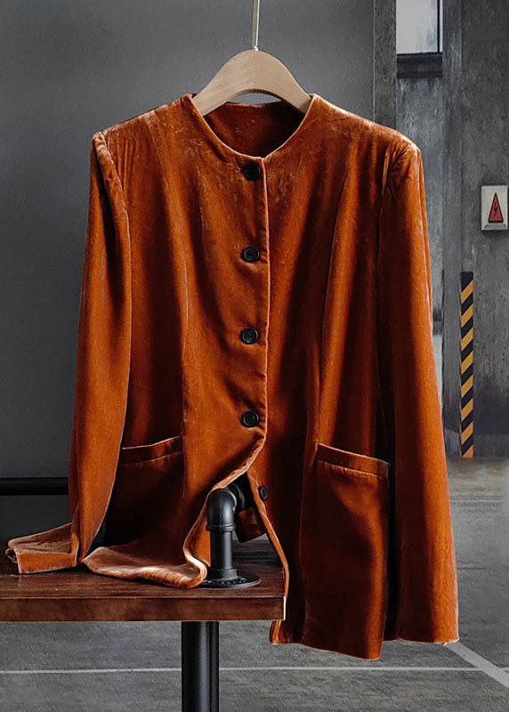 Bouton Orange O-Neck Patchwork Patchwork Silk Velor Coats Spring