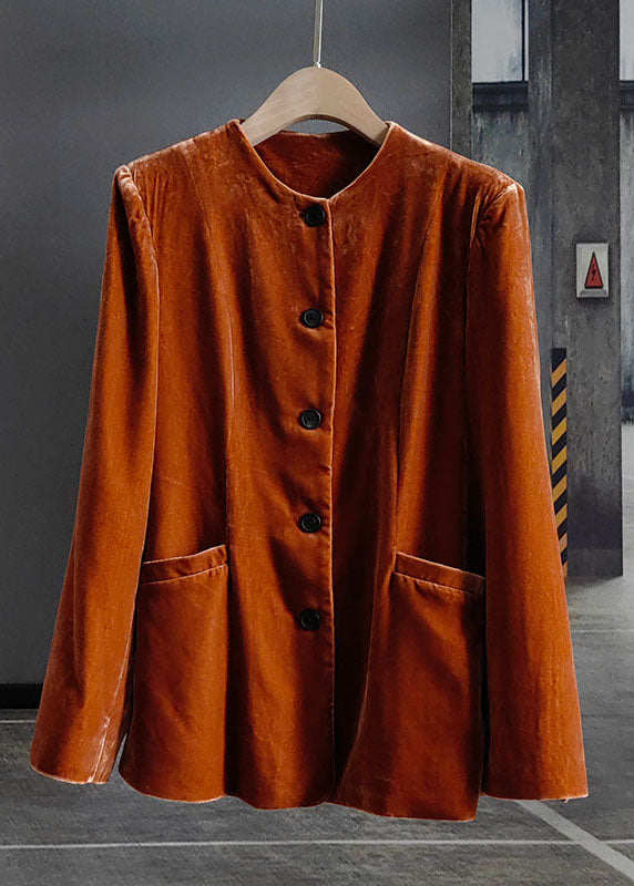 Bouton Orange O-Neck Patchwork Patchwork Silk Velor Coats Spring