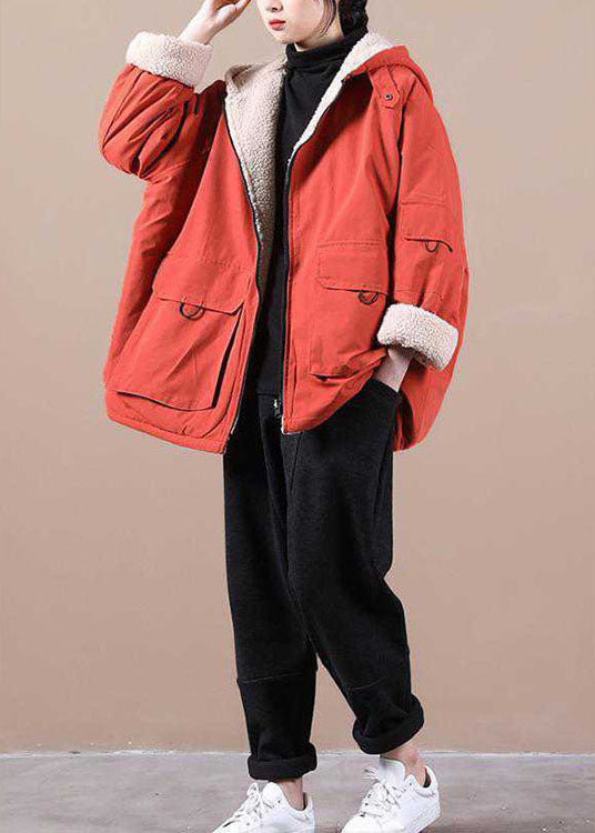 Fashion Orange hooded zippered Pockets Loose Winter parkas Coat