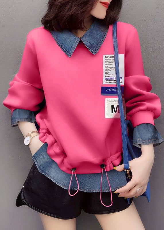 Fashion Pink Trawstring Peter Pan Collar Denim Patchwork Sweatshirts Top Spring