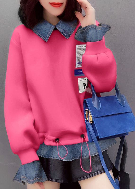 Fashion Pink Trawstring Peter Pan Collar Denim Patchwork Sweatshirts Top Spring