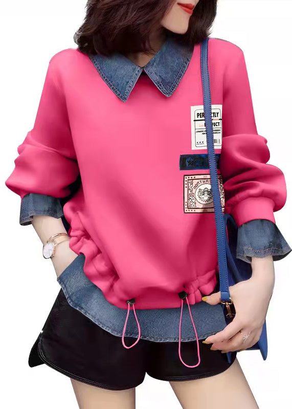 Fashion Pink Trawstring Peter Pan Collar Denim Patchwork Sweatshirts Top Spring