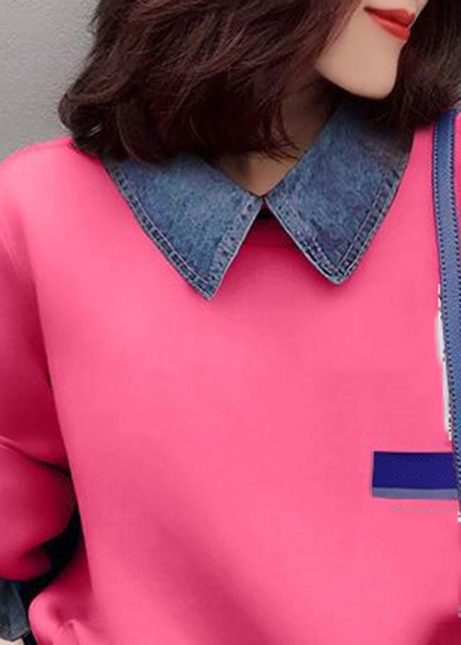 Fashion Pink Trawstring Peter Pan Collar Denim Patchwork Sweatshirts Top Spring