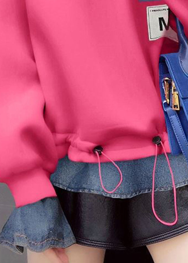 Fashion Pink Trawstring Peter Pan Collar Denim Patchwork Sweatshirts Top Spring