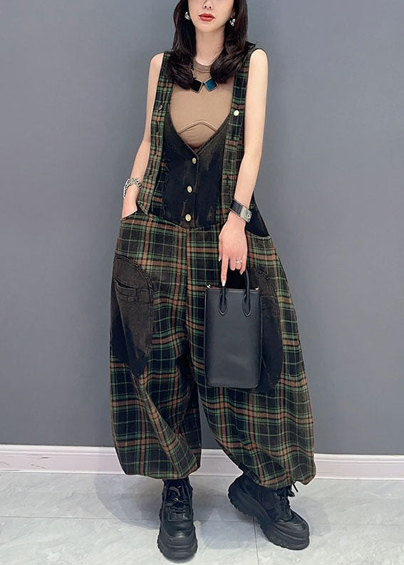 Fashion Plaid Pockets Patchwork Cotton Jumpsuits Summer