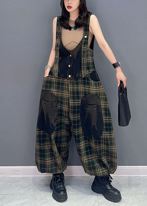 Fashion Plaid Pockets Patchwork Cotton Jumpsuits Summer