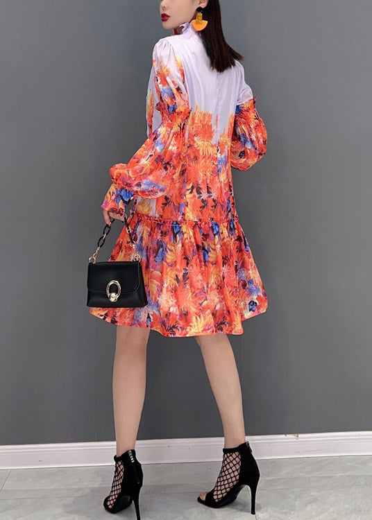 Fashion Print Stand Collar Patchwork Chiffon Dresses lantern sleeve