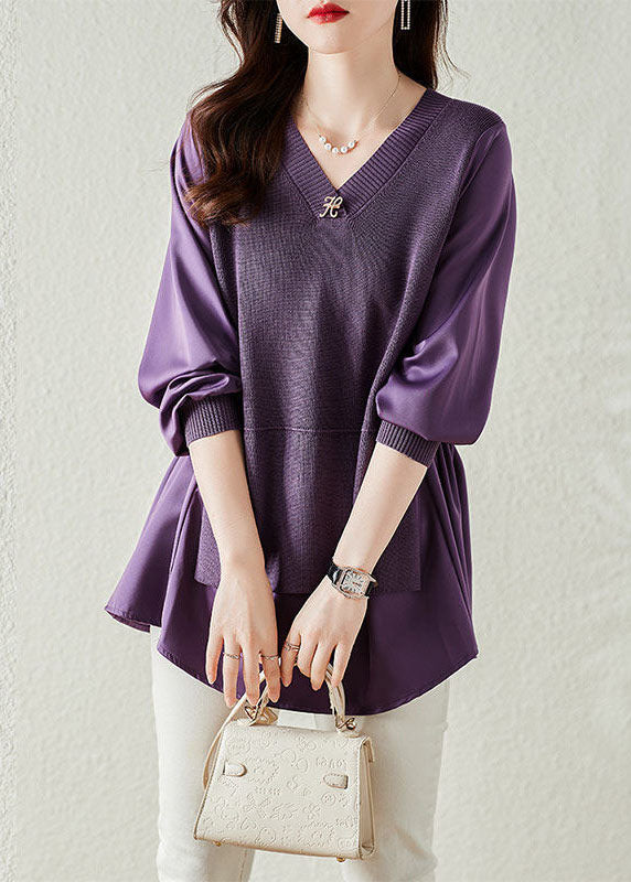 Fashion Purple V Neck Patchwork Tricot Fake Two Piece Top Long Sleeve