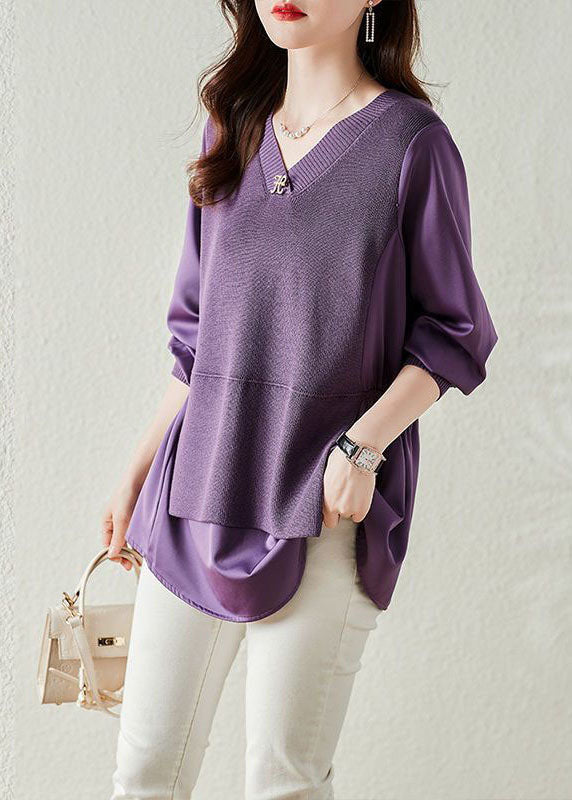 Fashion Purple V Neck Patchwork Tricot Fake Two Piece Top Long Sleeve