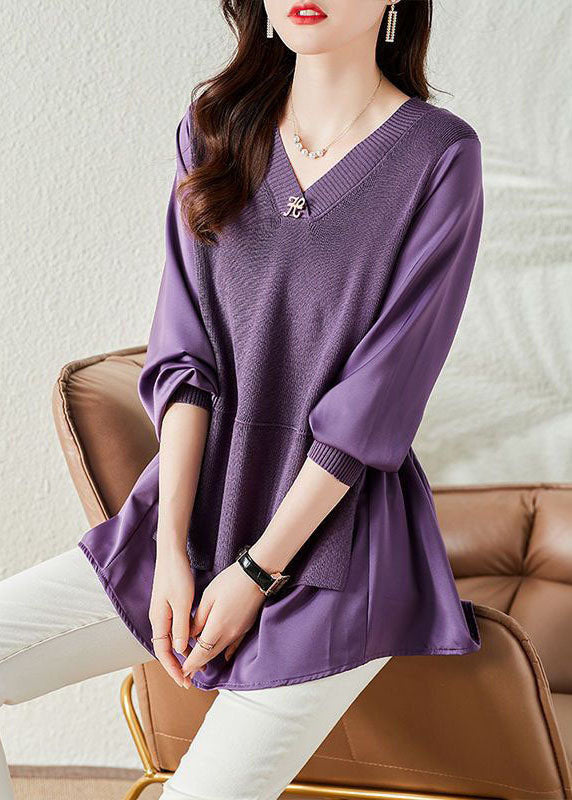 Fashion Purple V Neck Patchwork Tricot Fake Two Piece Top Long Sleeve