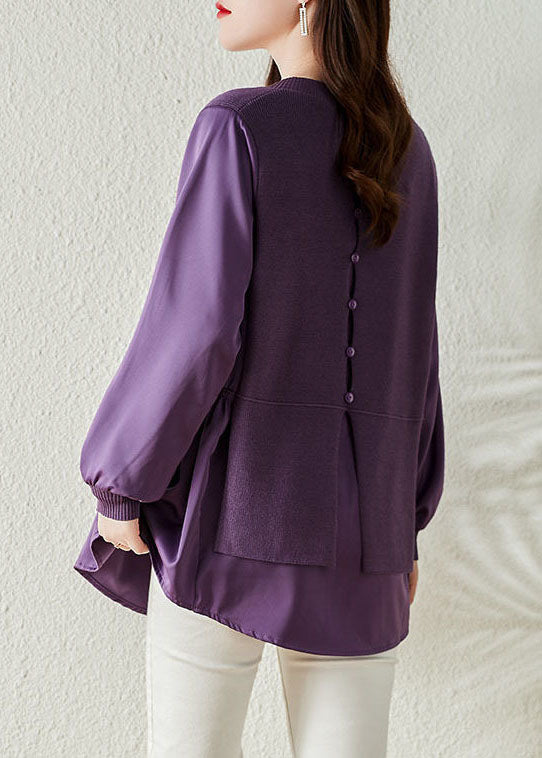 Fashion Purple V Neck Patchwork Tricot Fake Two Piece Top Long Sleeve