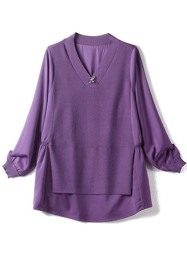 Fashion Purple V Neck Patchwork Tricot Fake Two Piece Top Long Sleeve