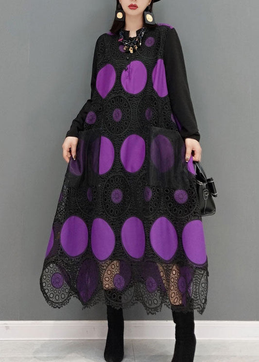 Fashion Purple pockets dot print Patchwork lace Maxi Dress Spring