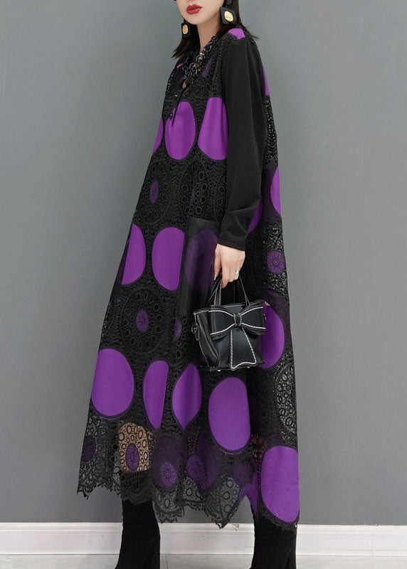 Fashion Purple pockets dot print Patchwork lace Maxi Dress Spring