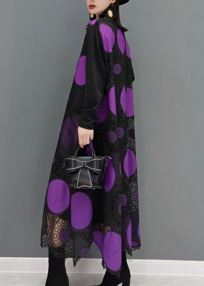 Fashion Purple pockets dot print Patchwork lace Maxi Dress Spring