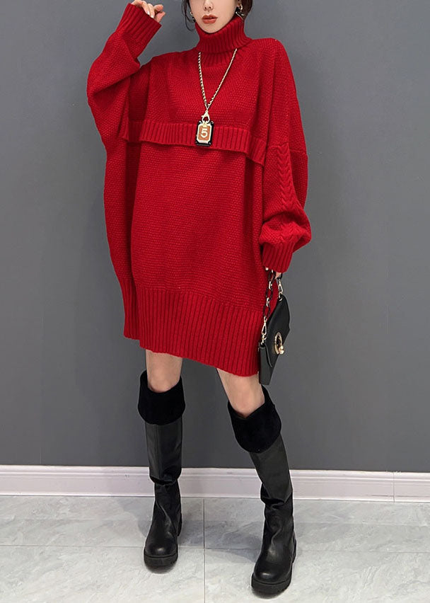 Fashion Red Hign Neck Oversized Thick Knit Sweaters Winter