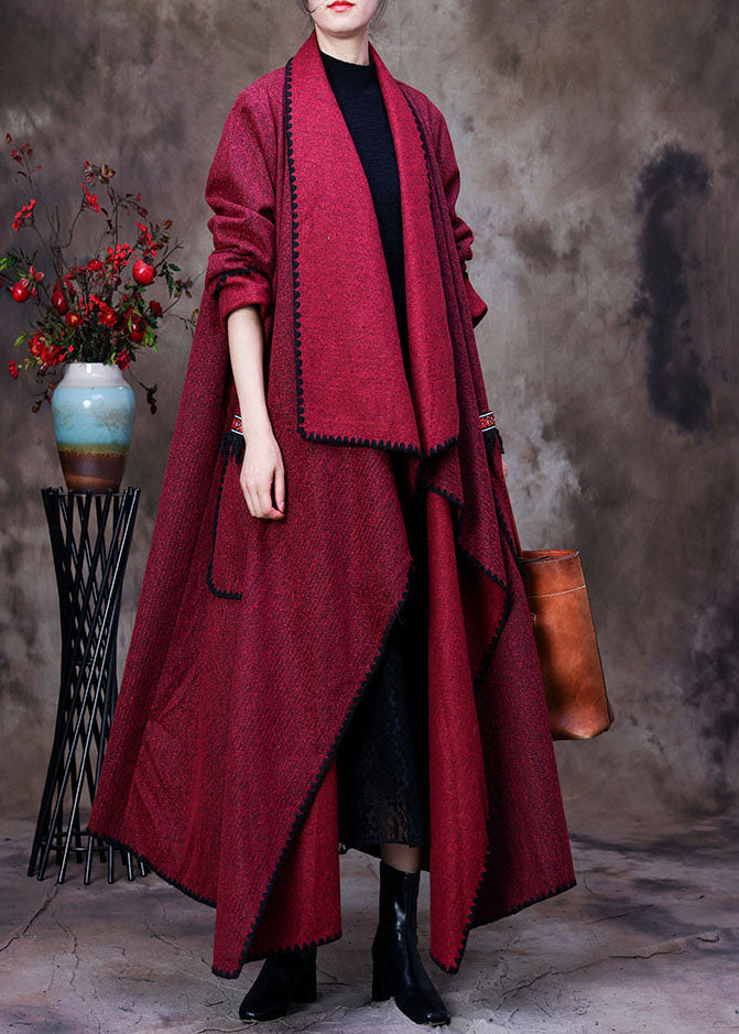 Fashion Red Peter Pan Collier Asymétrical Design Poches Cashmere Coats Spring