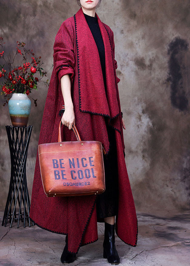 Fashion Red Peter Pan Collier Asymétrical Design Poches Cashmere Coats Spring