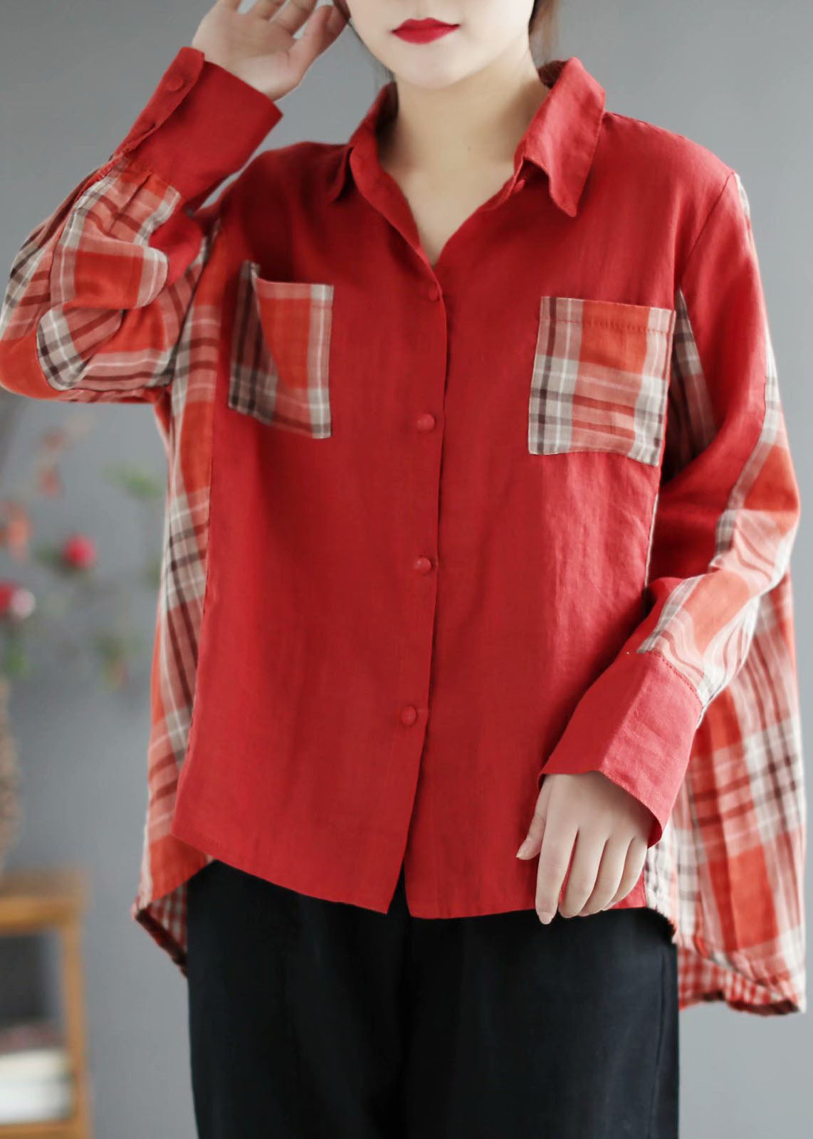 Fashion Red Plaid Patchwork Peterpan Collar Button Fall Fall Sheeve Long