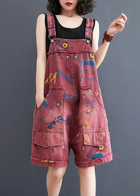 Fashion Red Slash Neck Print Patchwork Denim Jumpsuit Summer