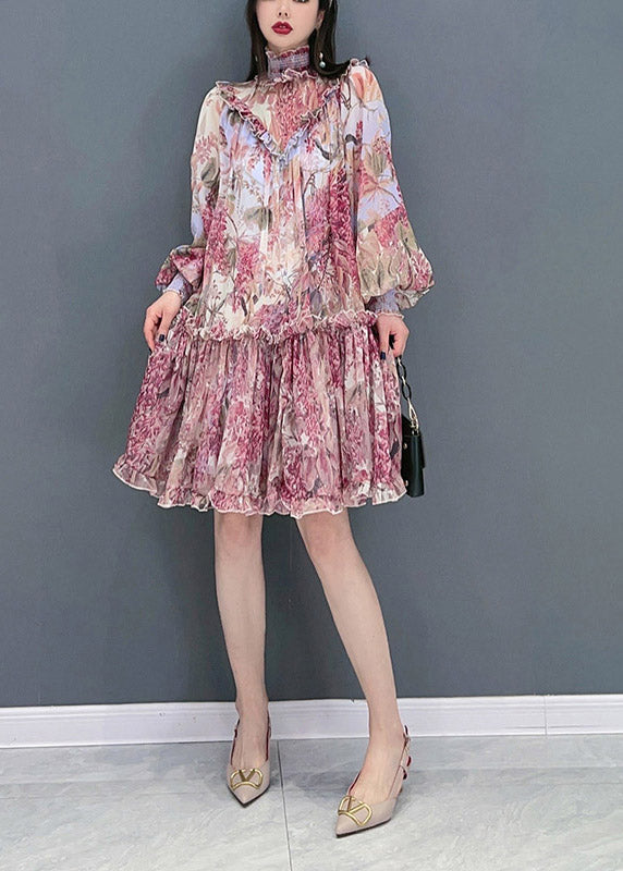 Fashion Red Stand Collar Ruffled Print Chiffon Dress Long Sleeve