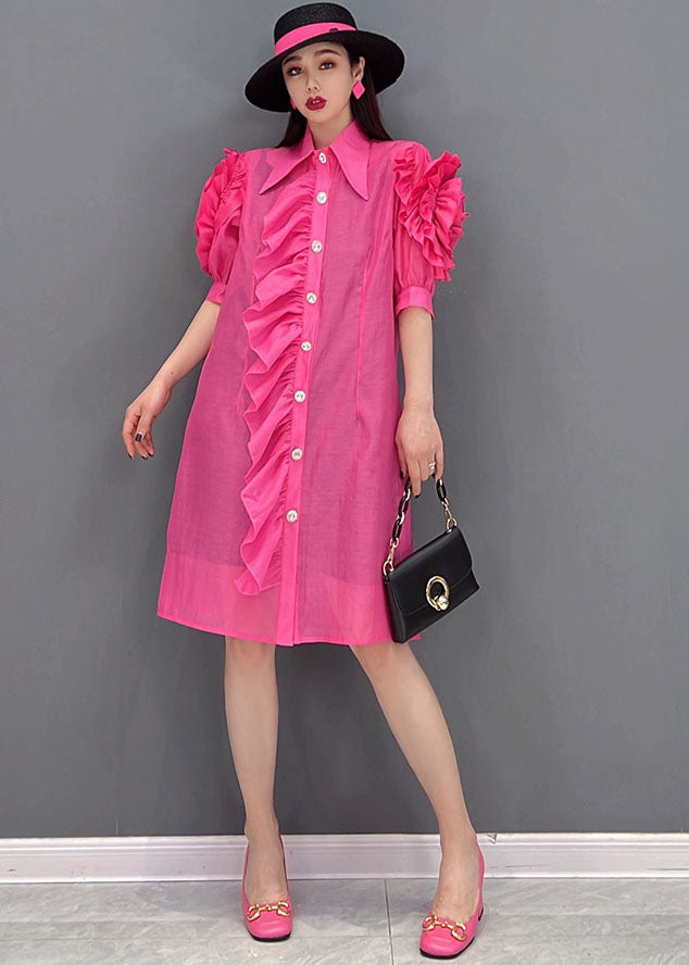 Fashion Rose Peter Pan Collar Patchwork Ruffles Silk Maxi Dresses Short Sleeve