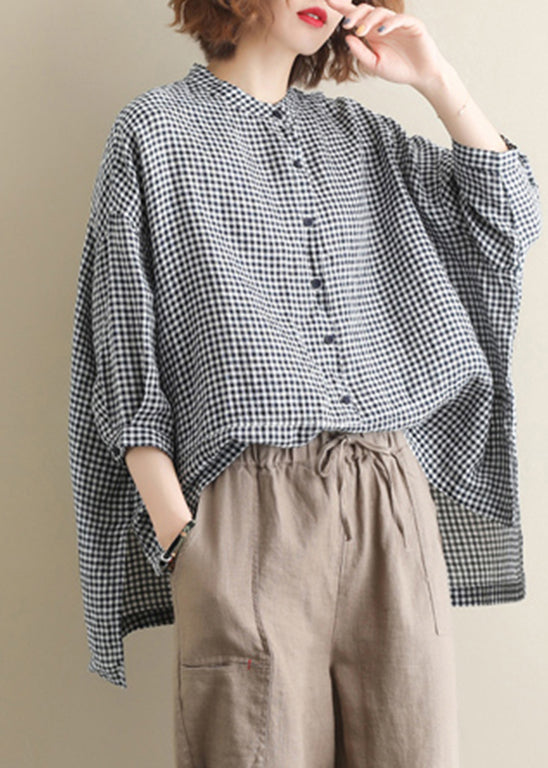 Fashion Stand Collar Buttton low high design Plaid Shirt Tops Half Sleeve