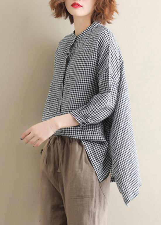 Fashion Stand Collar Buttton low high design Plaid Shirt Tops Half Sleeve