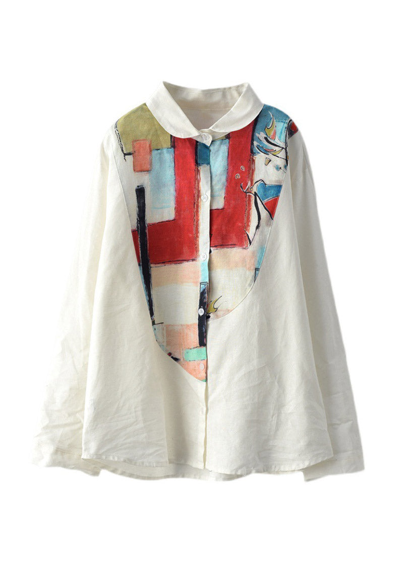 Fashion White Peter Pan Collar Print Button Linen Shirt Long Sleeve