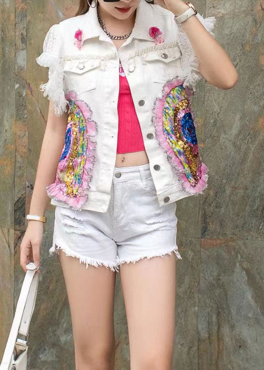 Fashion blanc à volants à volants Nail Perle Patchwork Denim Vest sans manches