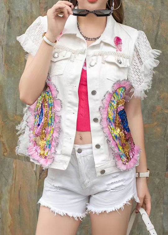 Fashion blanc à volants à volants Nail Perle Patchwork Denim Vest sans manches