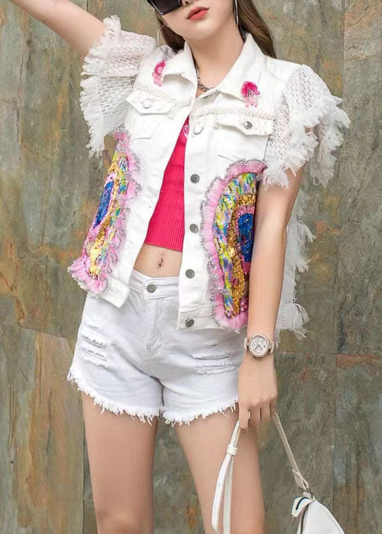 Fashion blanc à volants à volants Nail Perle Patchwork Denim Vest sans manches