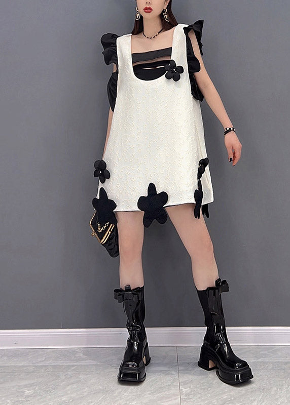 Fashion White Slash Neck Ruffles Patchwork Floral Dresses Sleeveless