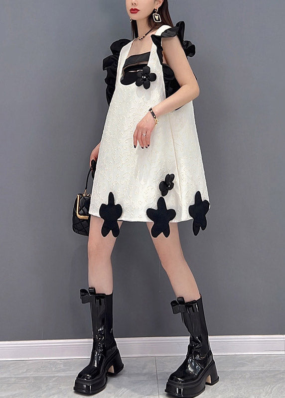 Fashion White Slash Neck Ruffles Patchwork Floral Dresses Sleeveless