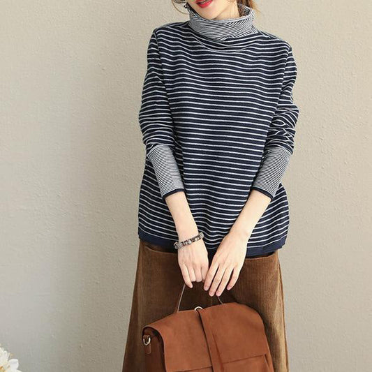 Fashion Women High Necy Striped Pull Loose Tops