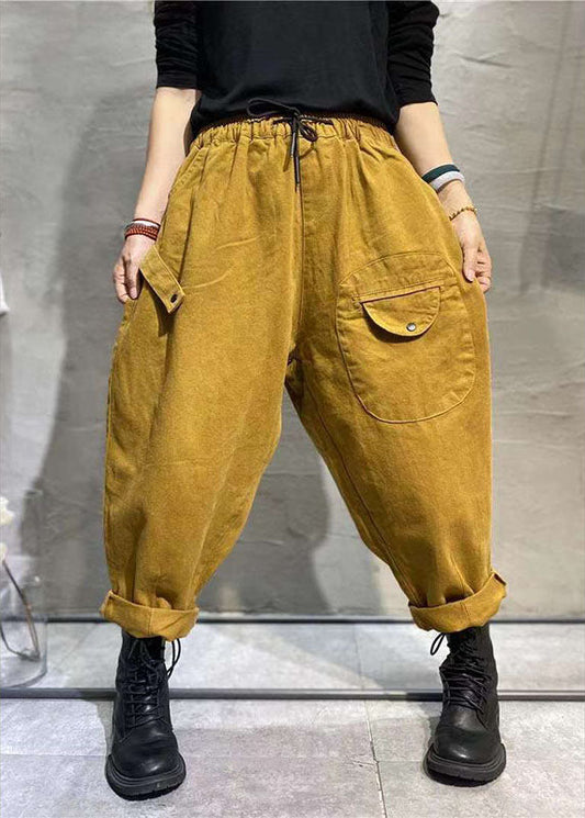 Fashion jaune décontracté les poches de taille élastique à attaches pantalon d'automne à la taille