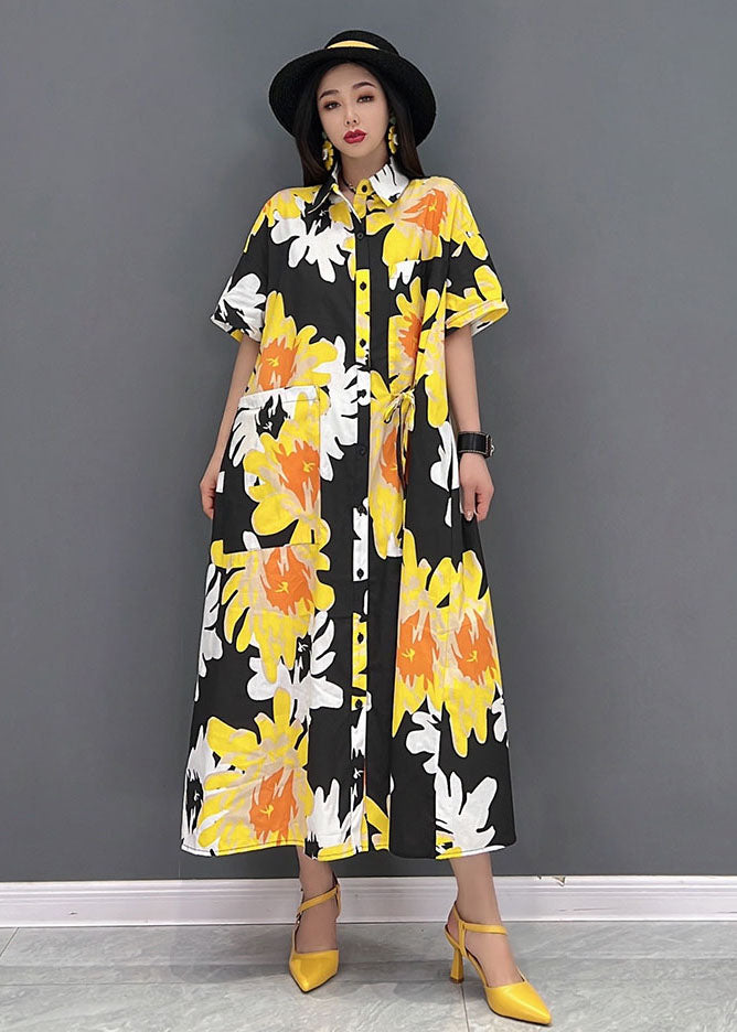 Fashion jaune Peter Pan Collar Daisy Print Murffon Robe de vacances