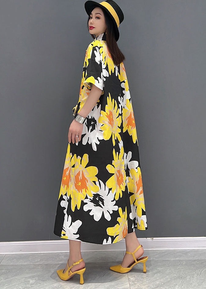 Fashion jaune Peter Pan Collar Daisy Print Murffon Robe de vacances