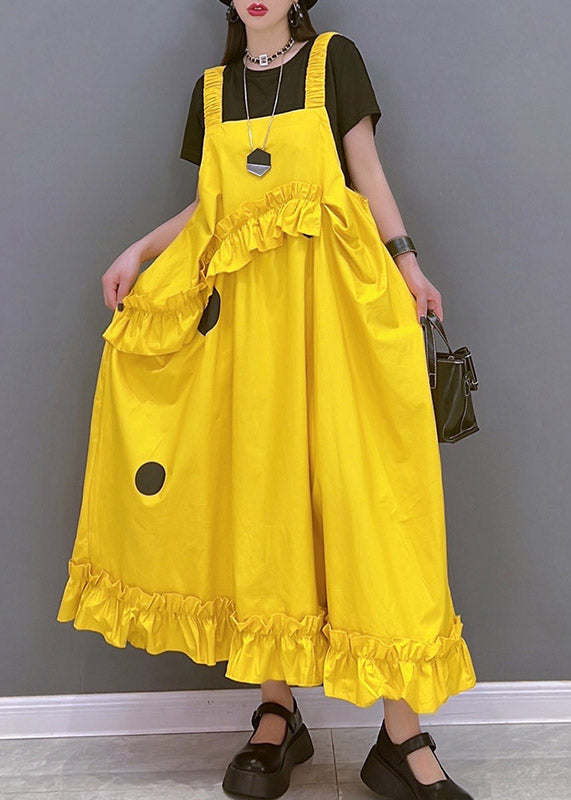 Fashion Yellow Slash Neck Dot Print Spaghetti Sangle de robe sans manches