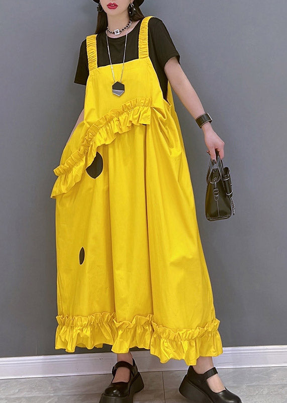 Fashion Yellow Slash Neck Dot Print Spaghetti Sangle de robe sans manches