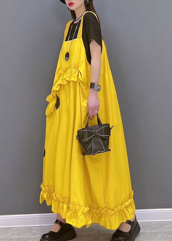 Fashion Yellow Slash Neck Dot Print Spaghetti Sangle de robe sans manches